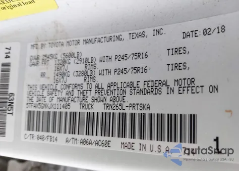 2018 Toyota Tacoma Sr from USA, damaged, VIN 5TFAX5GNXJX111405